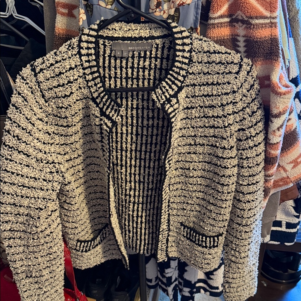 360 Sweater Black and Cream Bouclé Open Cardigan